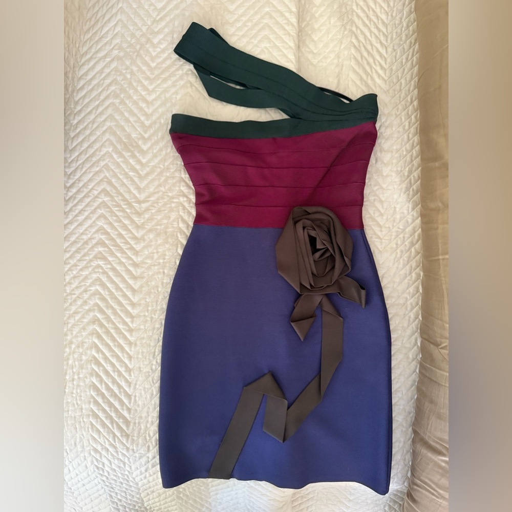 Herve Leger mini color block with gorgeous flower detail!!! 🤎💗💚